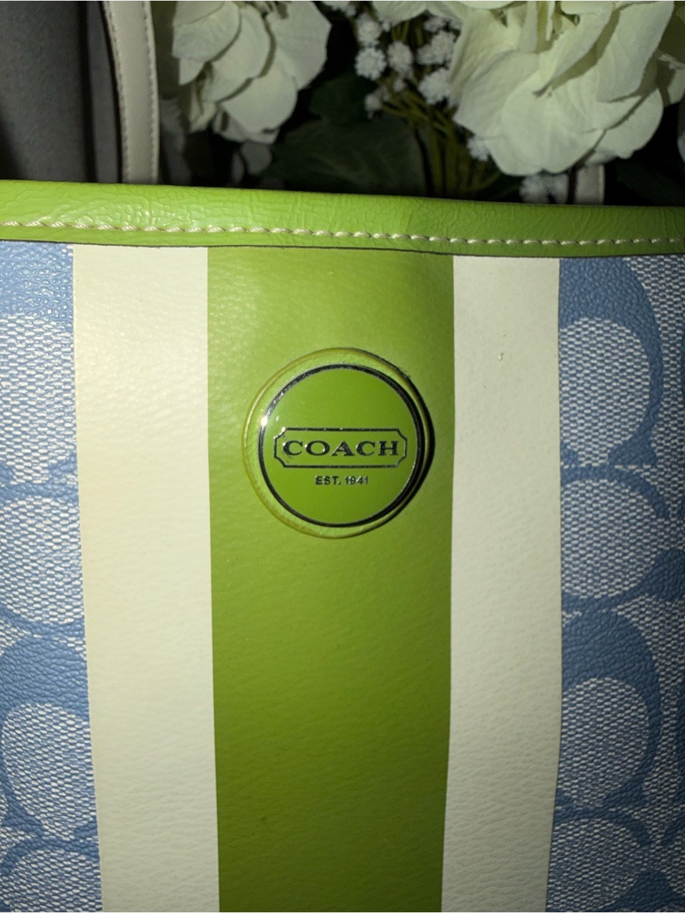 Coach Blue Canvas Tote with Lime and White Stripes
